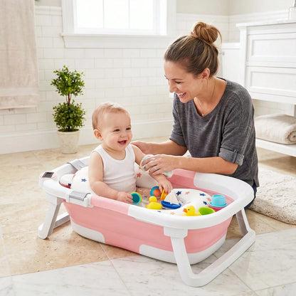 Cochildor Foldable Baby Bathtub With Soft Bath Pad, Portable And Suitable For Both Home And Outdoor Use (Pink/ Gray/ Blue)