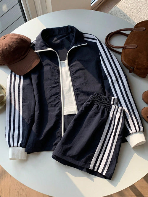 Comfortcana 2025 New Fall/Winter Fashionable Women's Striped Long Sleeve Zip-Up Jacket And Shorts Casual 2 Pieces Set