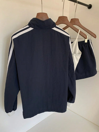 Comfortcana 2025 New Fall/Winter Fashionable Women's Striped Long Sleeve Zip-Up Jacket And Shorts Casual 2 Pieces Set