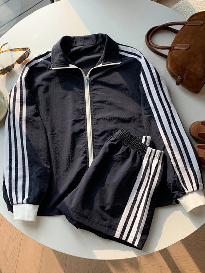 Comfortcana 2025 New Fall/Winter Fashionable Women's Striped Long Sleeve Zip-Up Jacket And Shorts Casual 2 Pieces Set