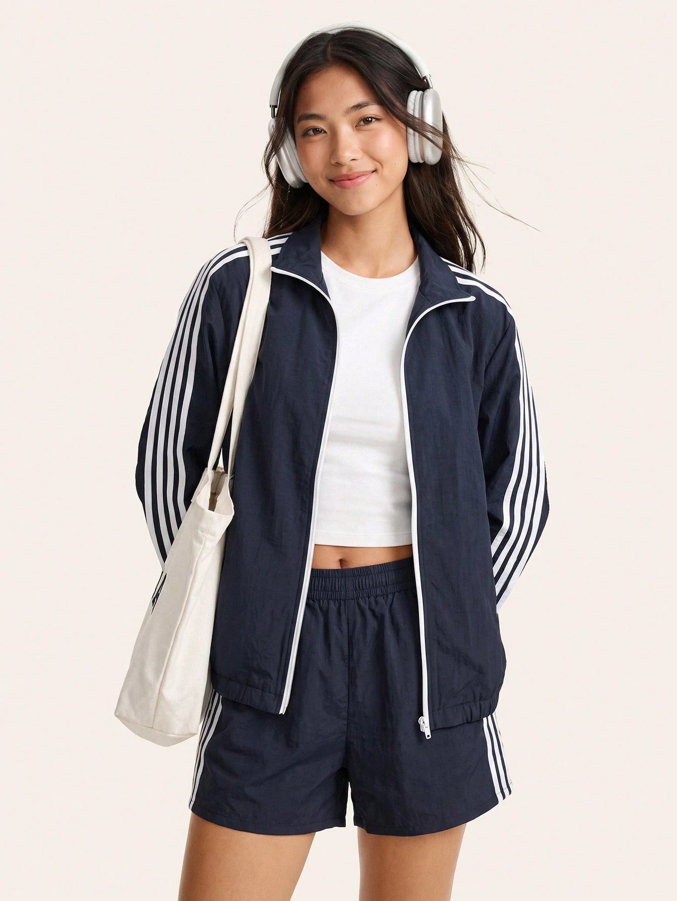 Comfortcana 2025 New Fall/Winter Fashionable Women's Striped Long Sleeve Zip-Up Jacket And Shorts Casual 2 Pieces Set