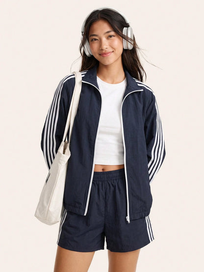 Comfortcana 2025 New Fall/Winter Fashionable Women's Striped Long Sleeve Zip-Up Jacket And Shorts Casual 2 Pieces Set