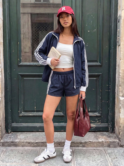 Comfortcana 2025 New Fall/Winter Fashionable Women's Striped Long Sleeve Zip-Up Jacket And Shorts Casual 2 Pieces Set