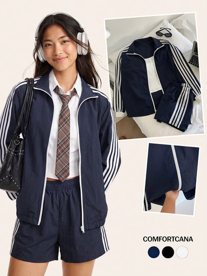 Comfortcana 2025 New Fall/Winter Fashionable Women's Striped Long Sleeve Zip-Up Jacket And Shorts Casual 2 Pieces Set