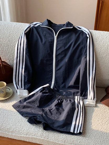 Comfortcana 2025 New Fall/Winter Fashionable Women's Striped Long Sleeve Zip-Up Jacket And Shorts Casual 2 Pieces Set