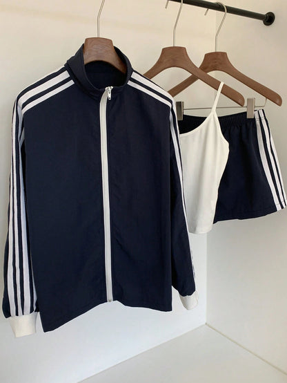 Comfortcana 2025 New Fall/Winter Fashionable Women's Striped Long Sleeve Zip-Up Jacket And Shorts Casual 2 Pieces Set