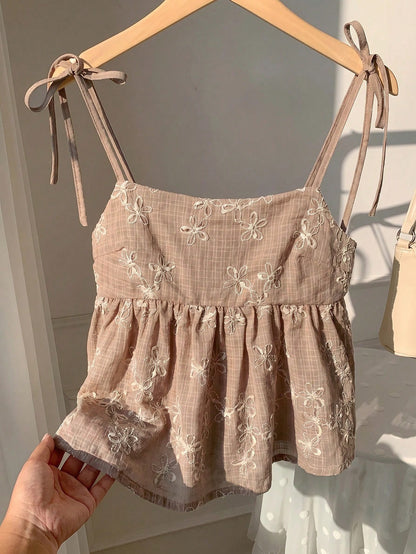 Comfortcana Women's Summer Beach Vacation Floral Embroidery Twist Shoulder Babydoll Cami Top,Summer Top