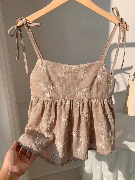 Comfortcana Women's Summer Beach Vacation Floral Embroidery Twist Shoulder Babydoll Cami Top,Summer Top