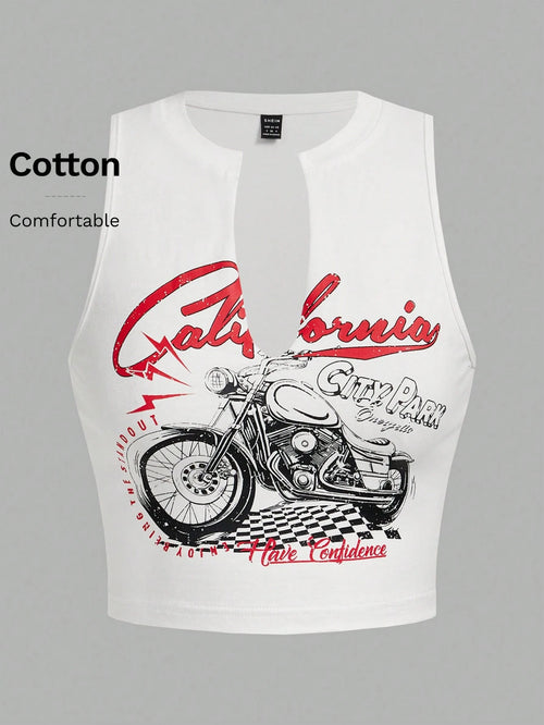 Coolane Motorcycle Style Tank Top For Summer With Letter Print And Notched Collar California CITY PARK ENJOY BEING THE STAND OUT Have Confidence