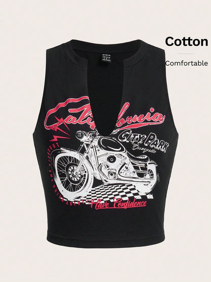 Coolane Motorcycle Style Tank Top For Summer With Letter Print And Notched Collar California CITY PARK ENJOY BEING THE STAND OUT Have Confidence