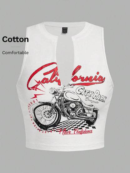 Coolane Motorcycle Style Tank Top For Summer With Letter Print And Notched Collar California CITY PARK ENJOY BEING THE STAND OUT Have Confidence