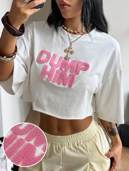 Coolane Summer For Women Streetwear Going Out Casual Pink Letter Embroidered Round Neck Short Sleeve White Casual T-Shirt,Summer Top