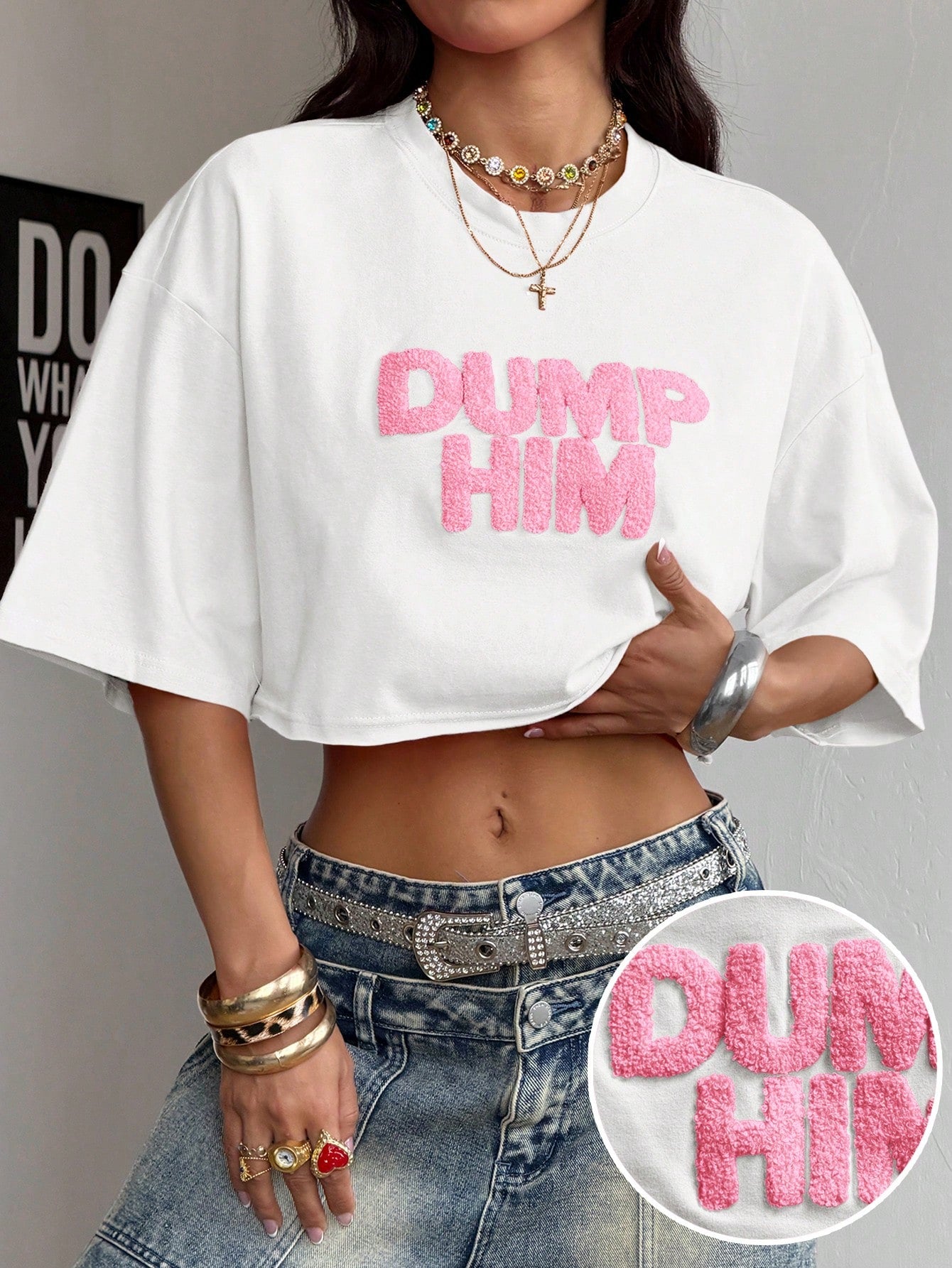 Coolane Summer For Women Streetwear Going Out Casual Pink Letter Embroidered Round Neck Short Sleeve White Casual T-Shirt,Summer Top