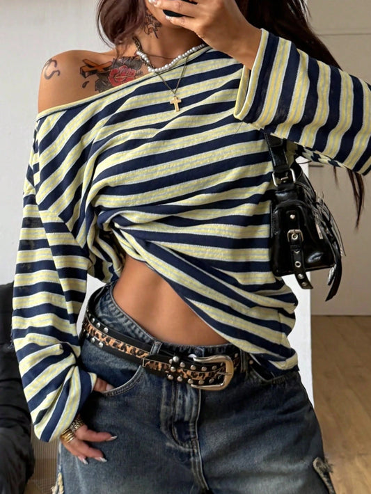 Coolane Women's & Men's Navy Blue,Autumn,Casual,Streetwear,Occasion Oversized Off The Shoulder Asymmetrical Neck Yellow Striped Long Sleeve T-Shirt Y2K Goth