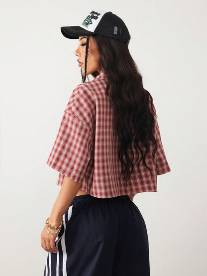 Coolane Women's Spring/Summer Vintage Preppy Crop Plaid Loose Crop Tops Red Shirt For New Years