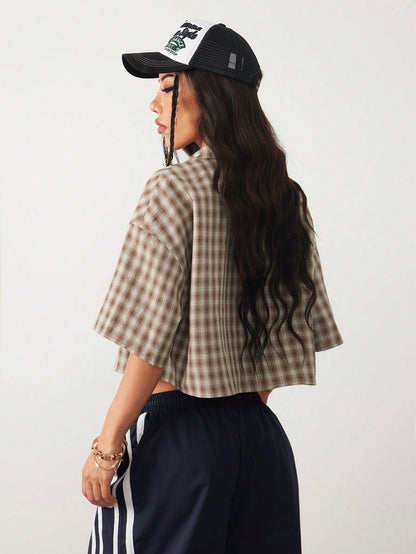 Coolane Women's Spring/Summer Vintage Preppy Crop Plaid Loose Crop Tops Red Shirt For New Years