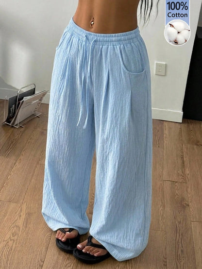 Coolane Women's Summer Minimalist Boho Vacation Outfits Casual Basic Daily Wear Linen Comfortable Washed 100%Cotton Baby Blue Low Rise Baggy Pants