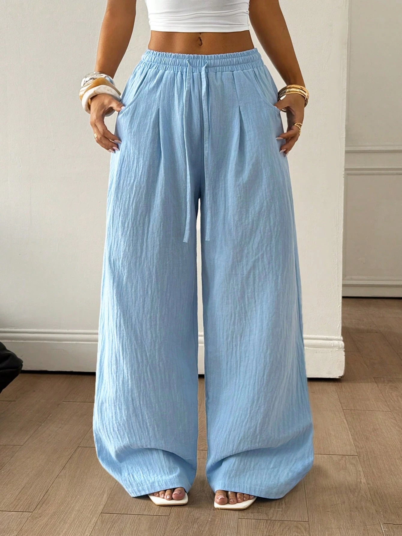 Coolane Women's Summer Minimalist Boho Vacation Outfits Casual Basic Daily Wear Linen Comfortable Washed 100%Cotton Baby Blue Low Rise Baggy Pants