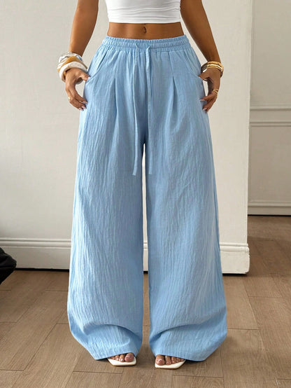Coolane Women's Summer Minimalist Boho Vacation Outfits Casual Basic Daily Wear Linen Comfortable Washed 100%Cotton Baby Blue Low Rise Baggy Pants