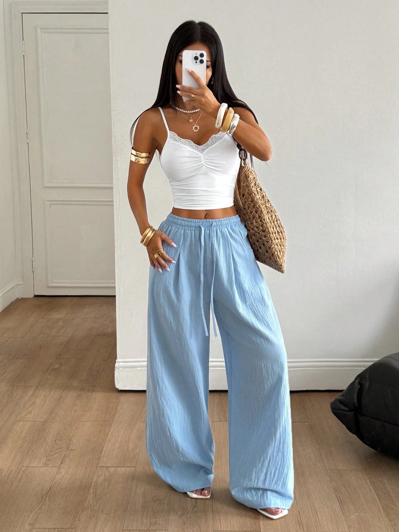 Coolane Women's Summer Minimalist Boho Vacation Outfits Casual Basic Daily Wear Linen Comfortable Washed 100%Cotton Baby Blue Low Rise Baggy Pants