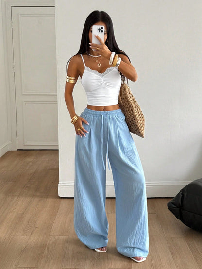 Coolane Women's Summer Minimalist Boho Vacation Outfits Casual Basic Daily Wear Linen Comfortable Washed 100%Cotton Baby Blue Low Rise Baggy Pants