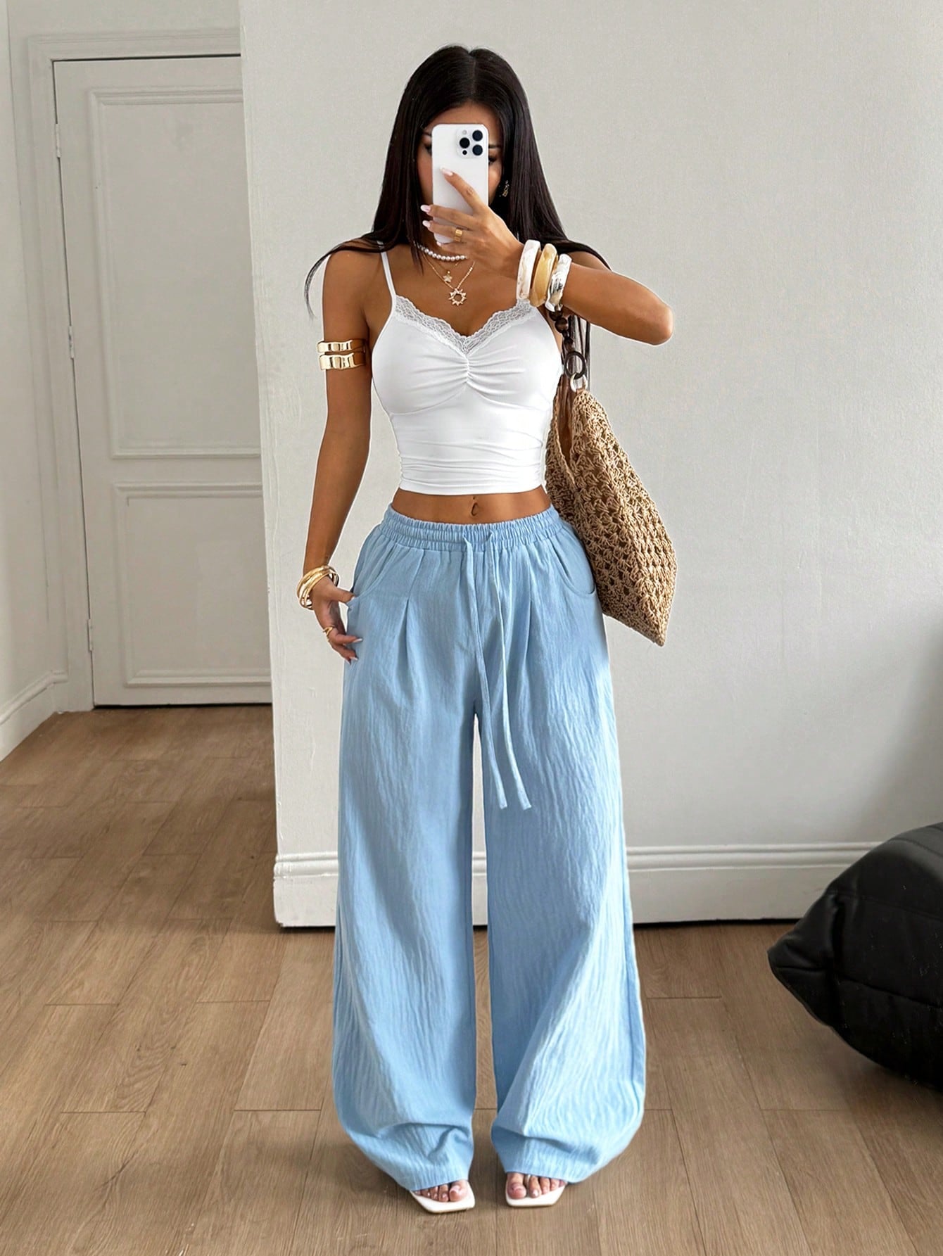 Coolane Women's Summer Minimalist Boho Vacation Outfits Casual Basic Daily Wear Linen Comfortable Washed 100%Cotton Baby Blue Low Rise Baggy Pants