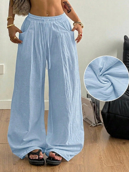 Coolane Women's Summer Minimalist Boho Vacation Outfits Casual Basic Daily Wear Linen Comfortable Washed 100%Cotton Baby Blue Low Rise Baggy Pants