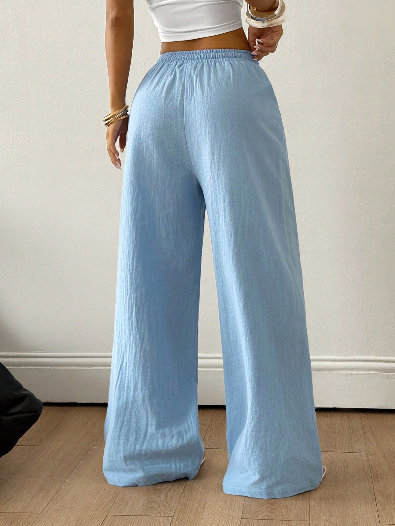 Coolane Women's Summer Minimalist Boho Vacation Outfits Casual Basic Daily Wear Linen Comfortable Washed 100%Cotton Baby Blue Low Rise Baggy Pants