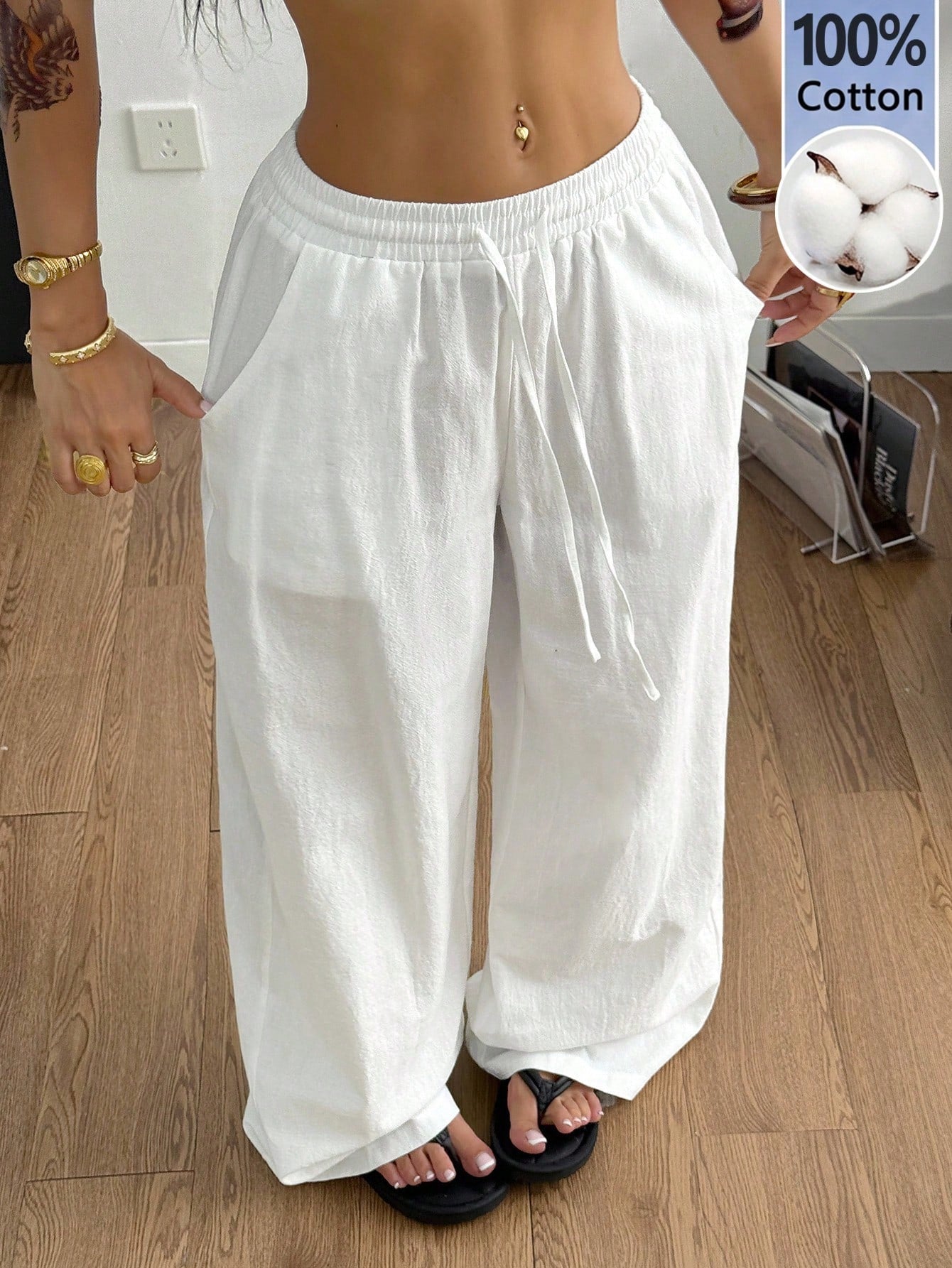 Coolane Women's Summer Minimalist Boho Vacation Outfits Casual Basic Daily Wear Linen Comfortable Washed 100%Cotton Baby Blue Low Rise Baggy Pants