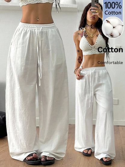 Coolane Women's Summer Minimalist Boho Vacation Outfits Casual Basic Daily Wear Linen Comfortable Washed 100%Cotton Baby Blue Low Rise Baggy Pants
