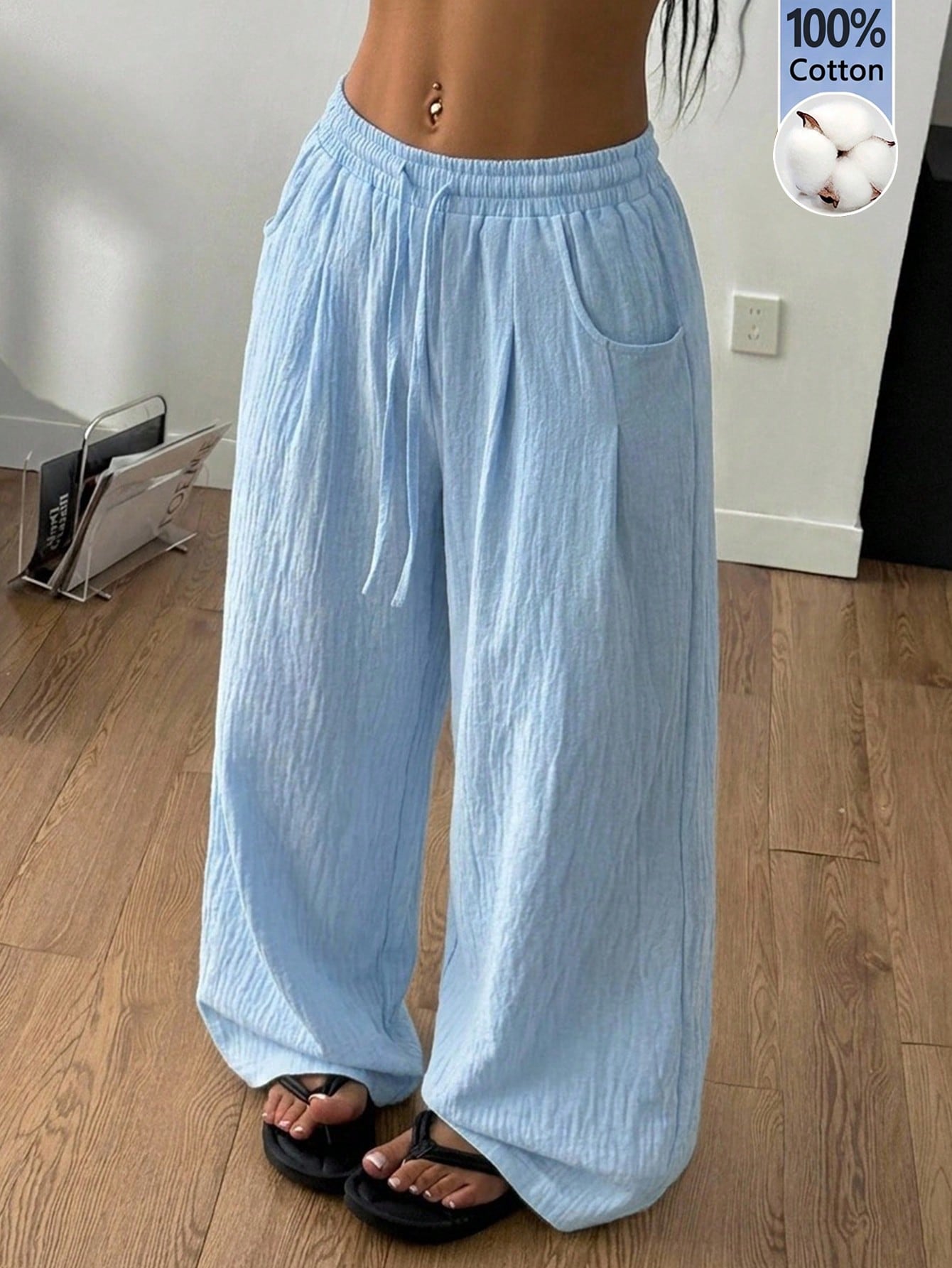 Coolane Women's Summer Minimalist Boho Vacation Outfits Casual Basic Daily Wear Linen Comfortable Washed 100%Cotton Baby Blue Low Rise Baggy Pants