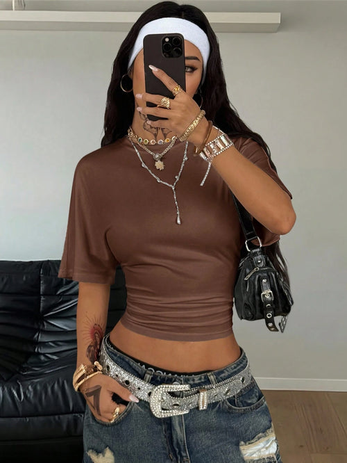 Coolane Women's Summer Minimalist Y2K Basic Daily Wear Casual Back To School Streetwear Stretchy Brown Loose Ruched Crop Tees