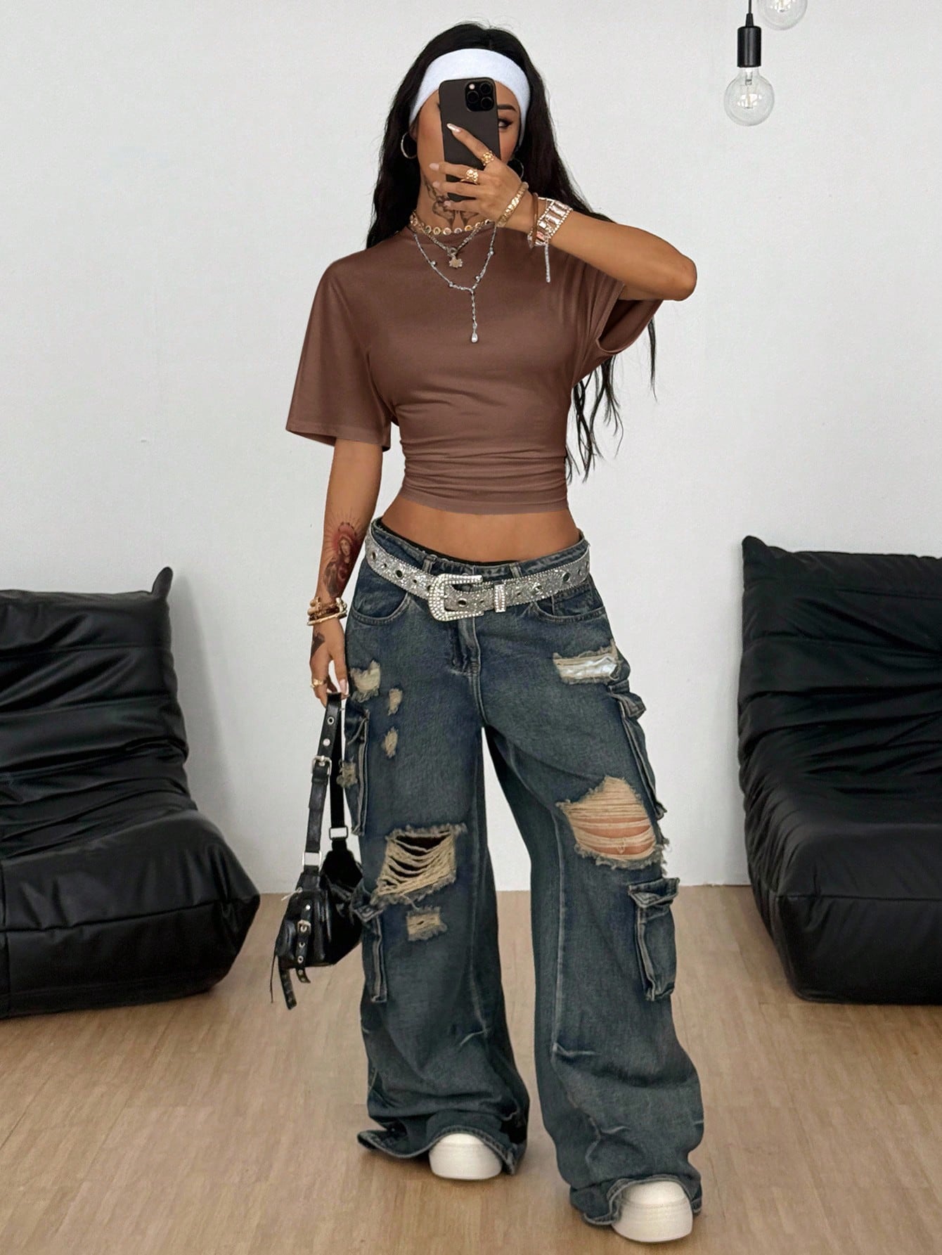 Coolane Women's Summer Minimalist Y2K Basic Daily Wear Casual Back To School Streetwear Stretchy Brown Loose Ruched Crop Tees