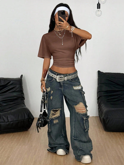 Coolane Women's Summer Minimalist Y2K Basic Daily Wear Casual Back To School Streetwear Stretchy Brown Loose Ruched Crop Tees