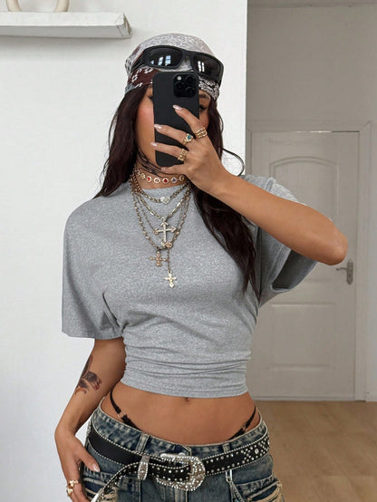 Coolane Women's Summer Minimalist Y2K Basic Daily Wear Casual Back To School Streetwear Stretchy Brown Loose Ruched Crop Tees