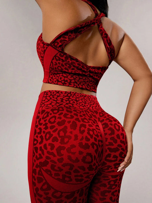 Core Rhythm Plus Size Women Leopard Print Jacquard Backless Halter Top And Leggings Sports Suit