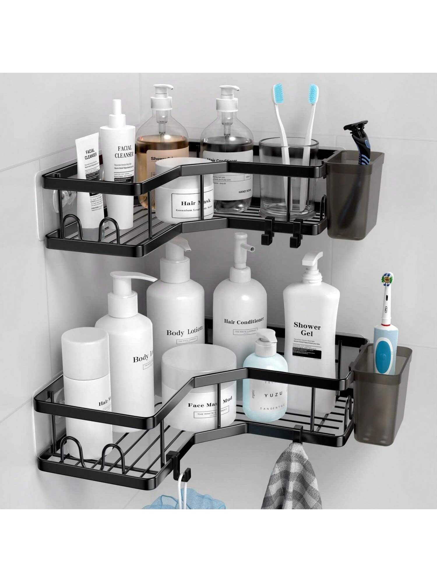 Corner Shower Caddy Adhesive, 2 Packs Shower Organizer With 2 PackSoap Holder And 12 Hooks, Rustproof Corner Shower Shelves, No Drilling Shower Shelf For Inside Shower Back To School