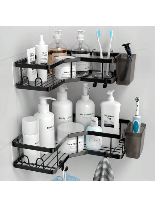 Corner Shower Caddy Adhesive, 2 Packs Shower Organizer With 2 PackSoap Holder And 12 Hooks, Rustproof Corner Shower Shelves, No Drilling Shower Shelf For Inside Shower Back To School