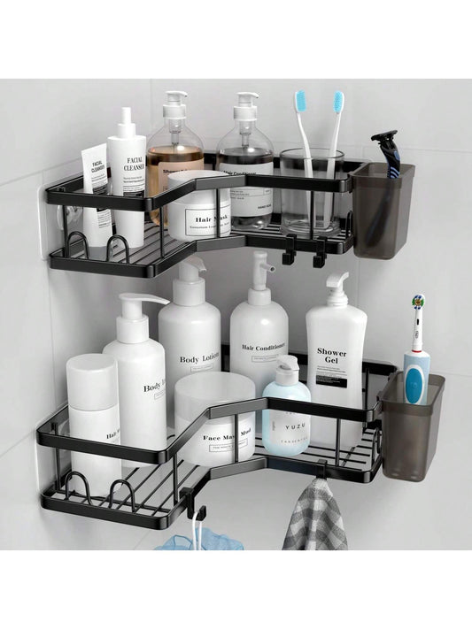 Corner Shower Caddy Adhesive, 2 Packs Shower Organizer With 2 PackSoap Holder And 12 Hooks, Rustproof Corner Shower Shelves, No Drilling Shower Shelf For Inside Shower Back To School