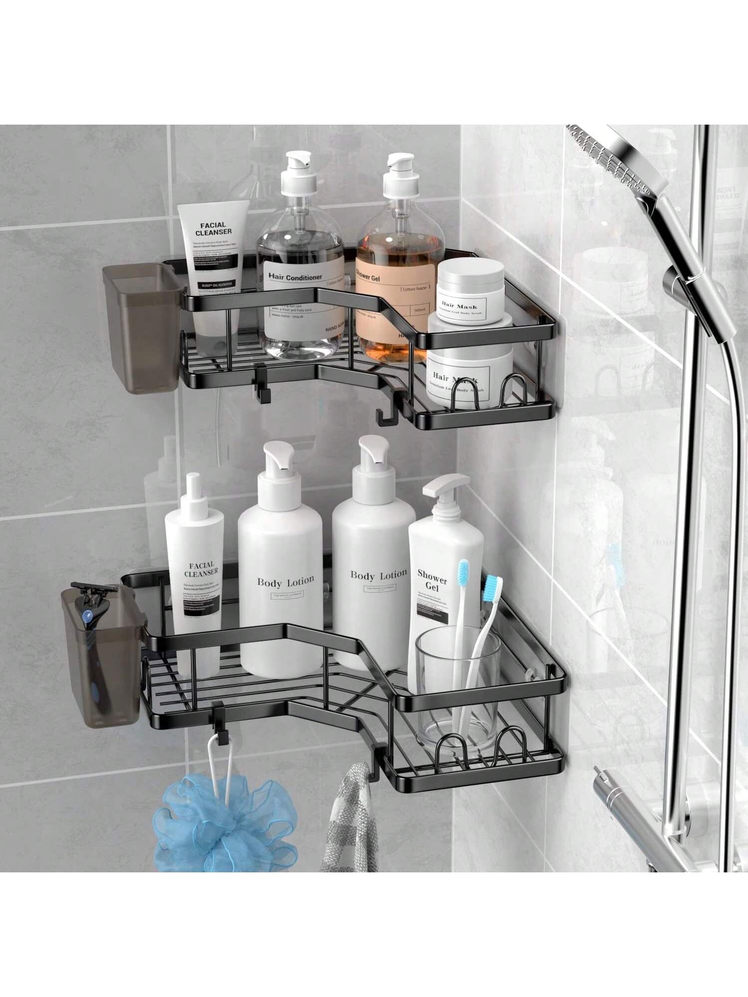 Corner Shower Caddy Adhesive, 2 Packs Shower Organizer With 2 PackSoap Holder And 12 Hooks, Rustproof Corner Shower Shelves, No Drilling Shower Shelf For Inside Shower Back To School