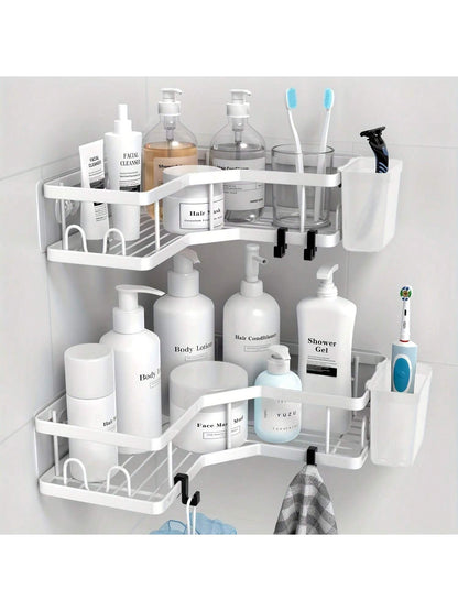 Corner Shower Caddy Adhesive, 2 Packs Shower Organizer With 2 PackSoap Holder And 12 Hooks, Rustproof Corner Shower Shelves, No Drilling Shower Shelf For Inside Shower Back To School
