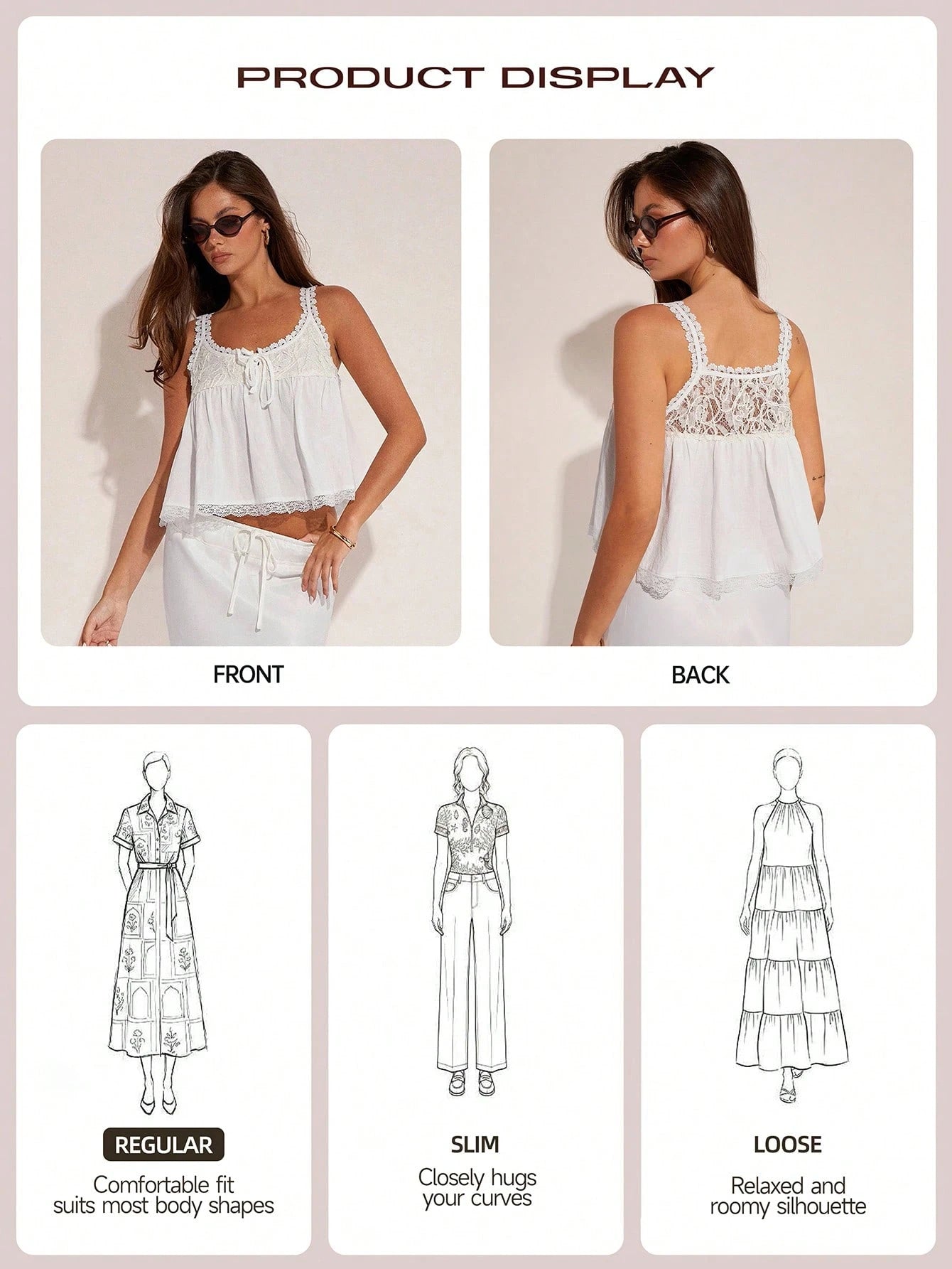 COSMINA Women's Elegant Lace Patchwork Camisole Top For Summer Vacation Summer Top