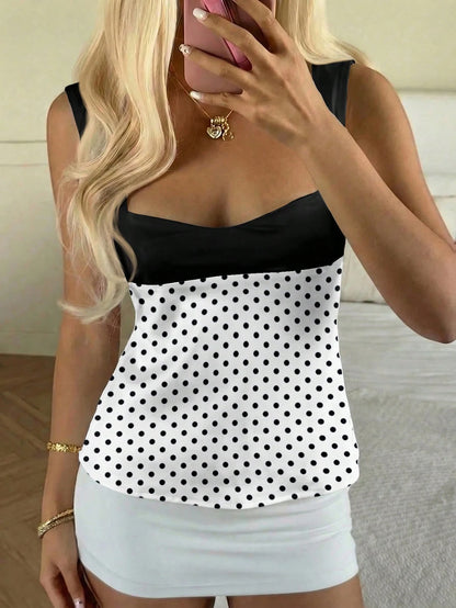 CovetEZ 2026 New Women's Sweet Casual Party Shiny Satin Pink Polka Dot Contrast Color Splice Open Back Tie Camisole,Summer Top