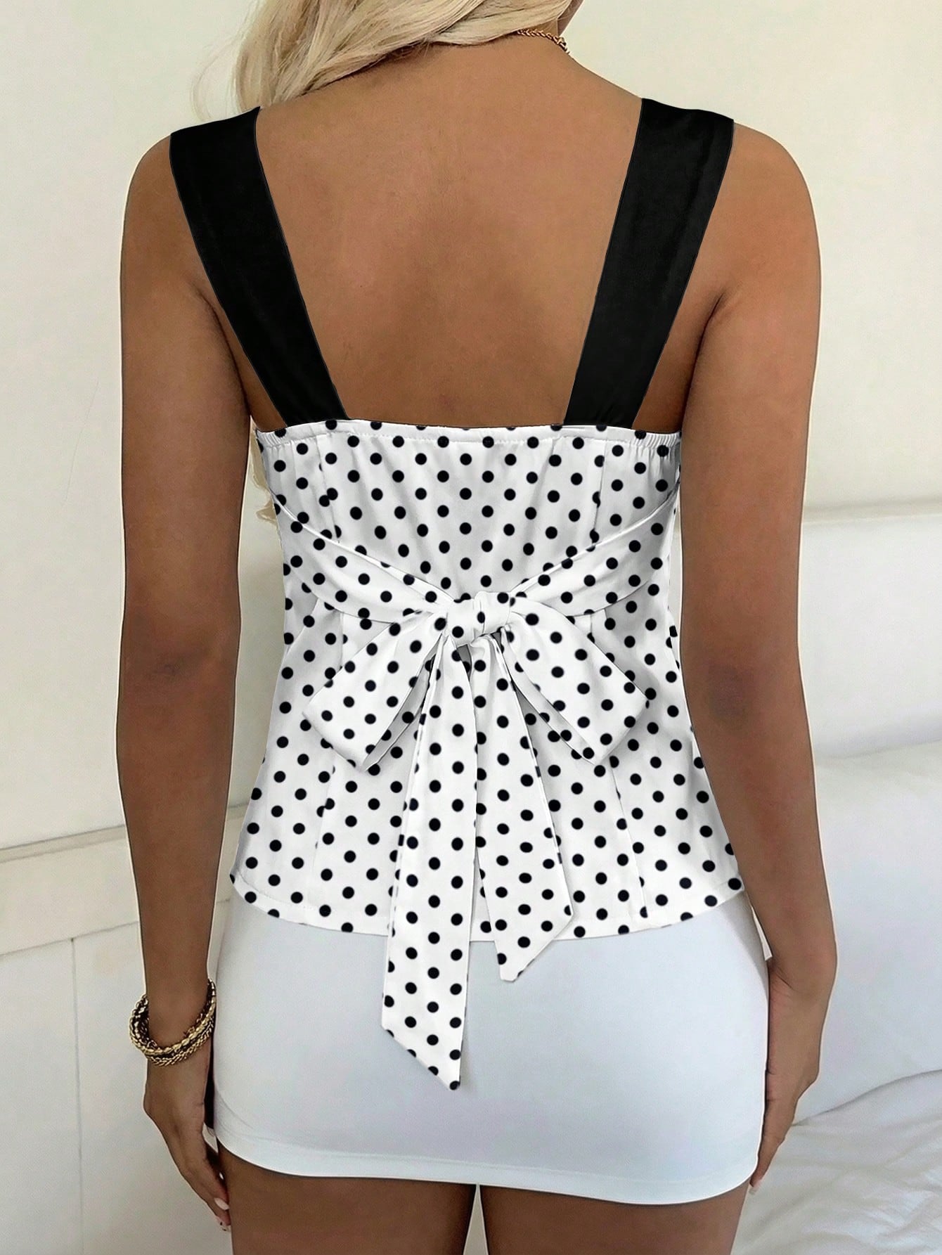 CovetEZ 2026 New Women's Sweet Casual Party Shiny Satin Pink Polka Dot Contrast Color Splice Open Back Tie Camisole,Summer Top