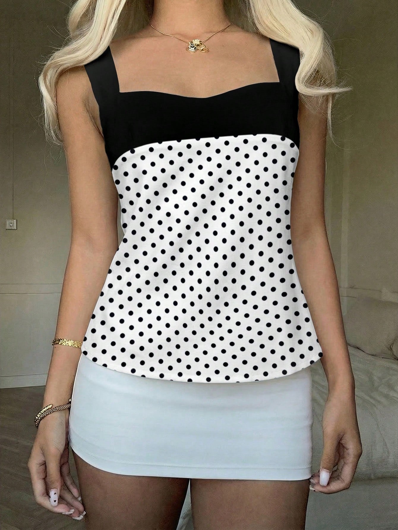 CovetEZ 2026 New Women's Sweet Casual Party Shiny Satin Pink Polka Dot Contrast Color Splice Open Back Tie Camisole,Summer Top