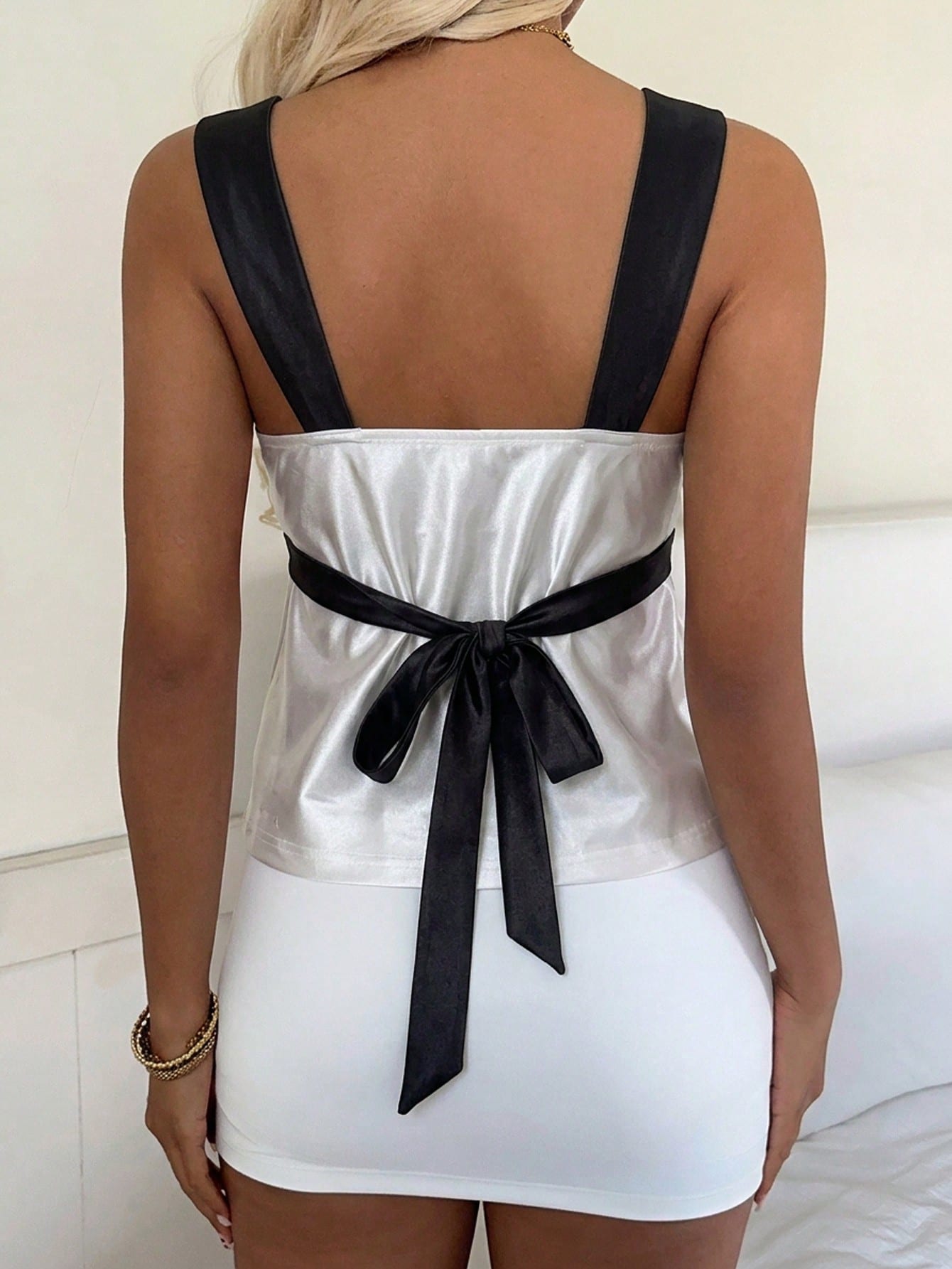 CovetEZ 2026 New Women's Sweet Casual Party Shiny Satin Pink Polka Dot Contrast Color Splice Open Back Tie Camisole,Summer Top