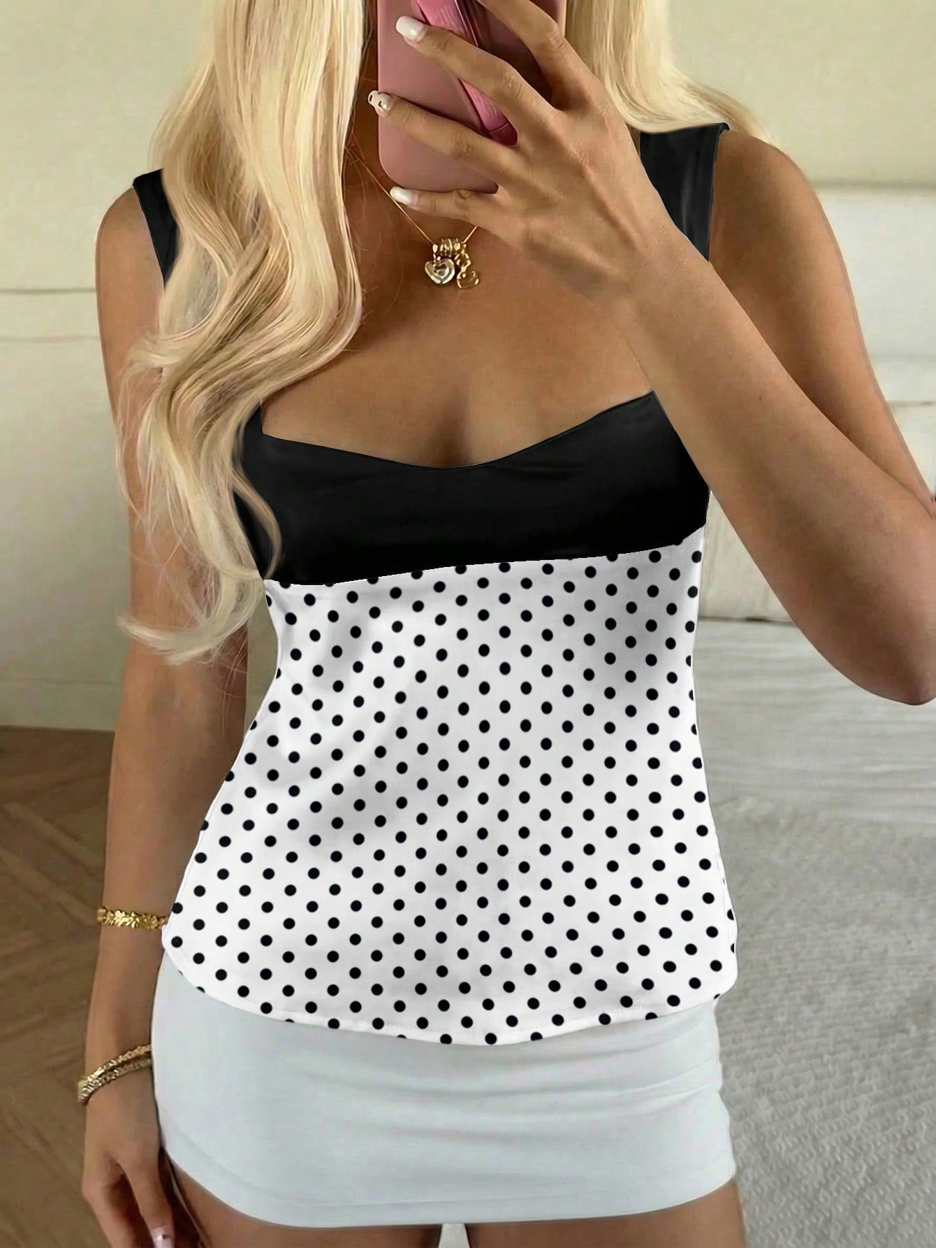 CovetEZ 2026 New Women's Sweet Casual Party Shiny Satin Pink Polka Dot Contrast Color Splice Open Back Tie Camisole,Summer Top