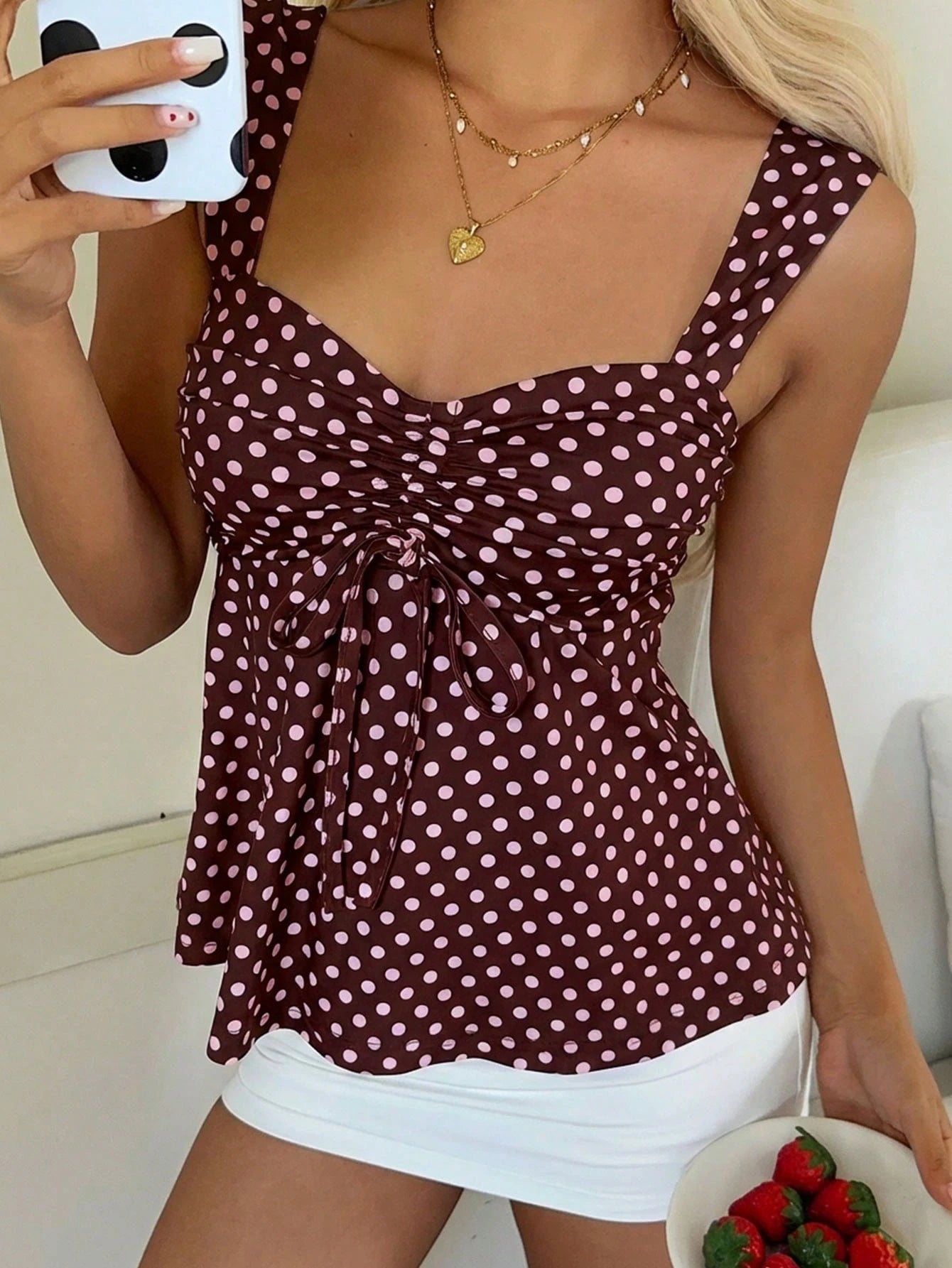 CovetEZ 2026 Spring/Summer New Women's Apparel: Brown Polka Dot Cute Casual Versatile Ruffle Drawstring Blouse/Tank Top,Summer Top