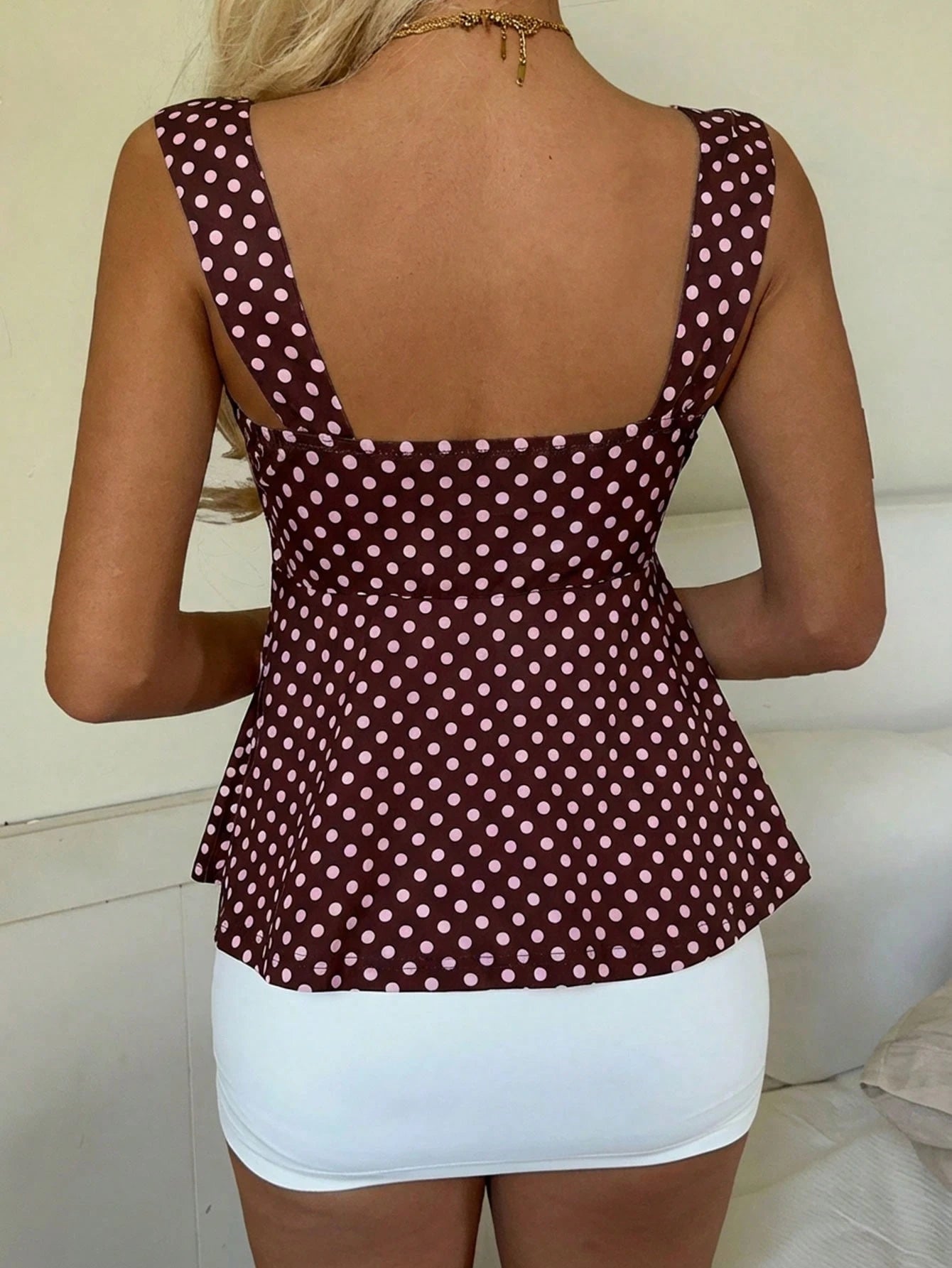 CovetEZ 2026 Spring/Summer New Women's Apparel: Brown Polka Dot Cute Casual Versatile Ruffle Drawstring Blouse/Tank Top,Summer Top