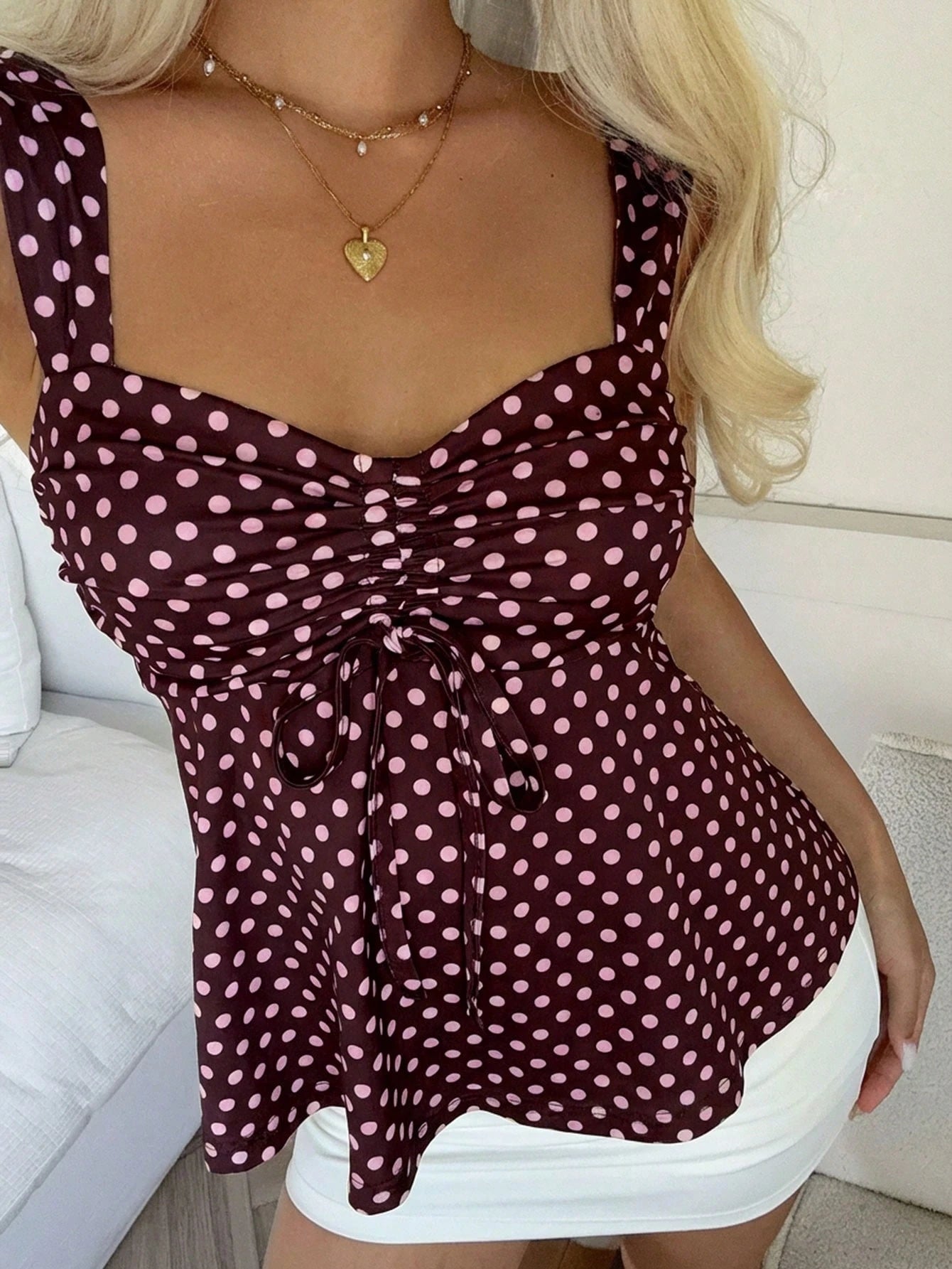 CovetEZ 2026 Spring/Summer New Women's Apparel: Brown Polka Dot Cute Casual Versatile Ruffle Drawstring Blouse/Tank Top,Summer Top